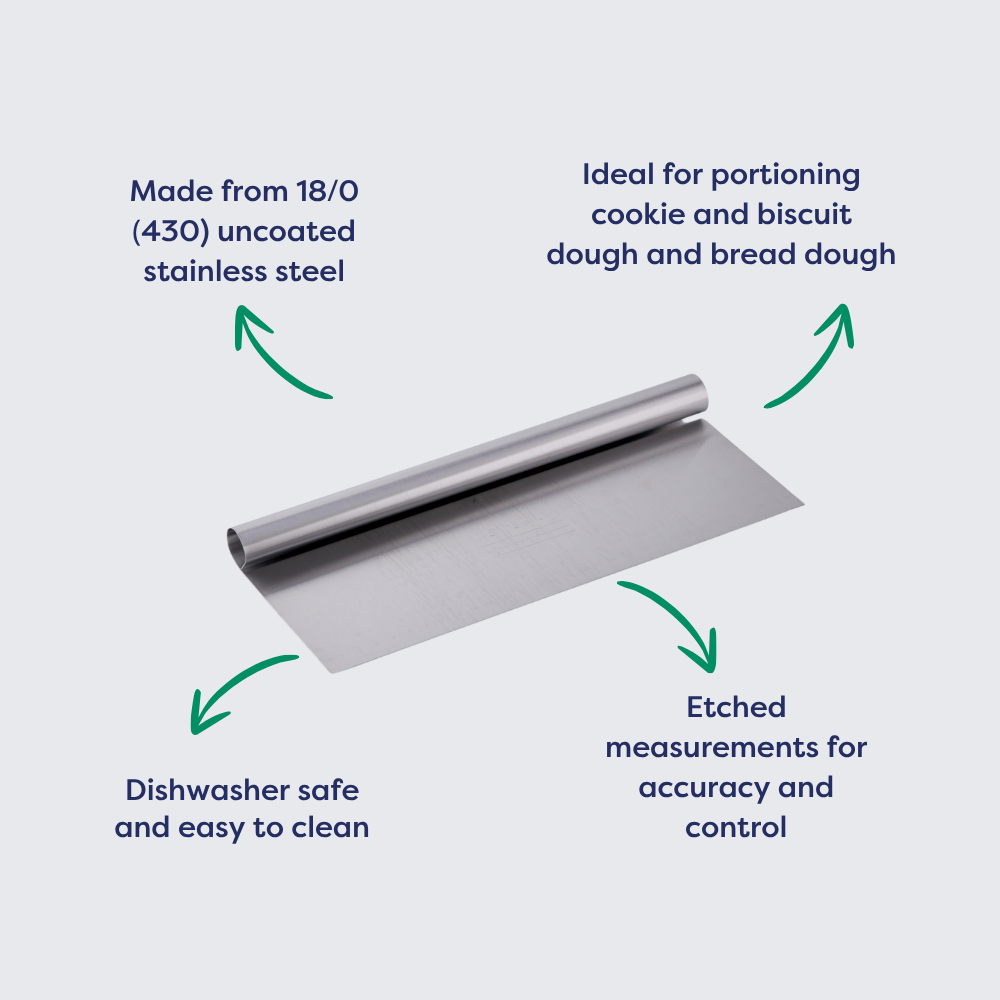 Stainless steel dough cutter with a flat blade, designed for portioning dough, featuring etched measurements for accuracy.