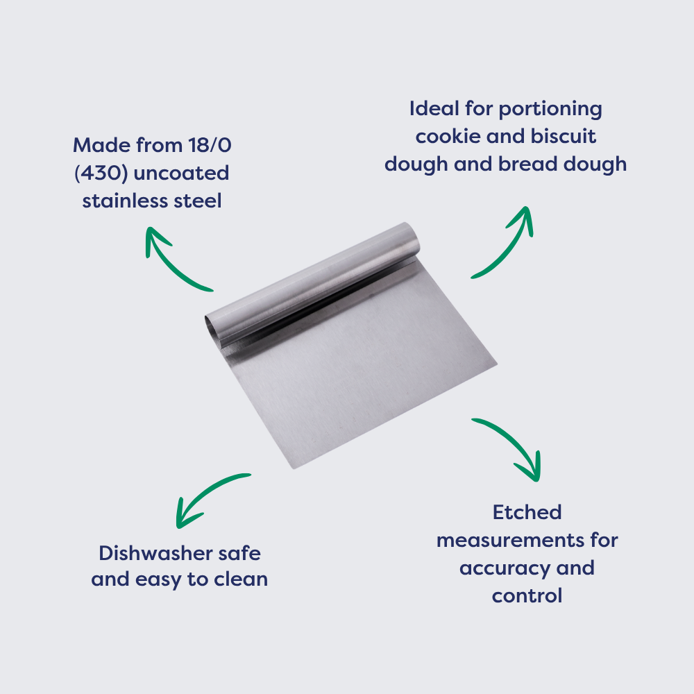 Stainless steel dough cutter with a curved handle, designed for portioning cookie and bread dough, featuring etched measur...