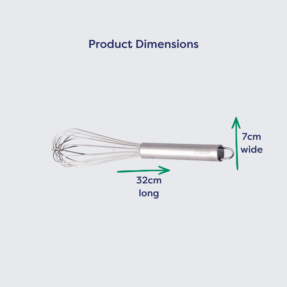 Stainless steel heavy duty whisk, 32 cm long and 7 cm wide, with a wire whisk head for mixing.