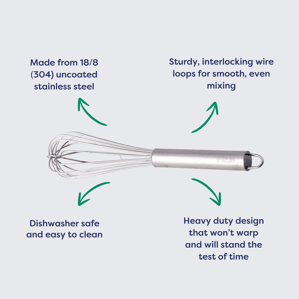 Stainless steel heavy duty whisk with interlocking wire loops and a sturdy handle, designed for efficient mixing.