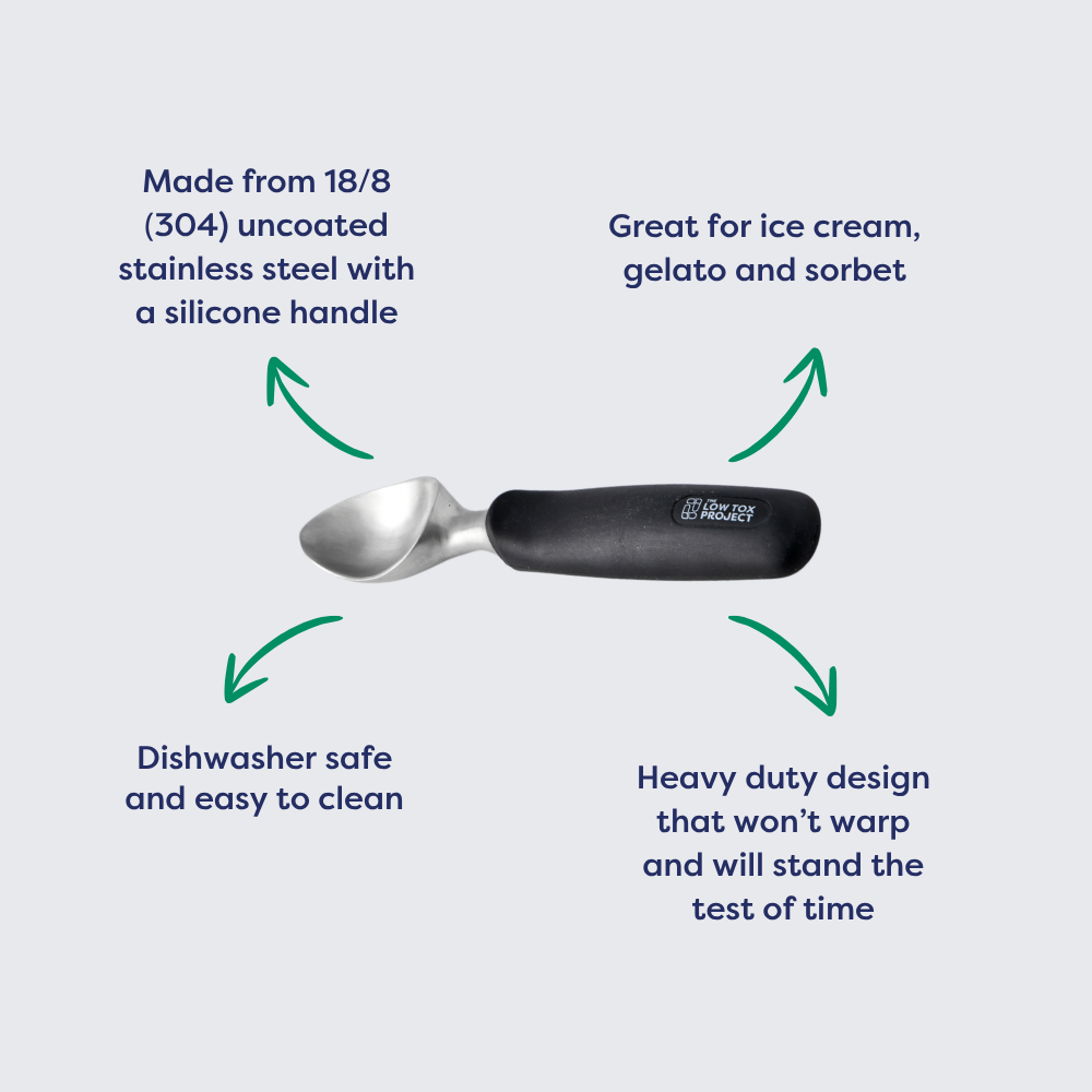 Stainless steel ice cream scoop with a black silicone handle, designed for easy serving and dishwasher safe.