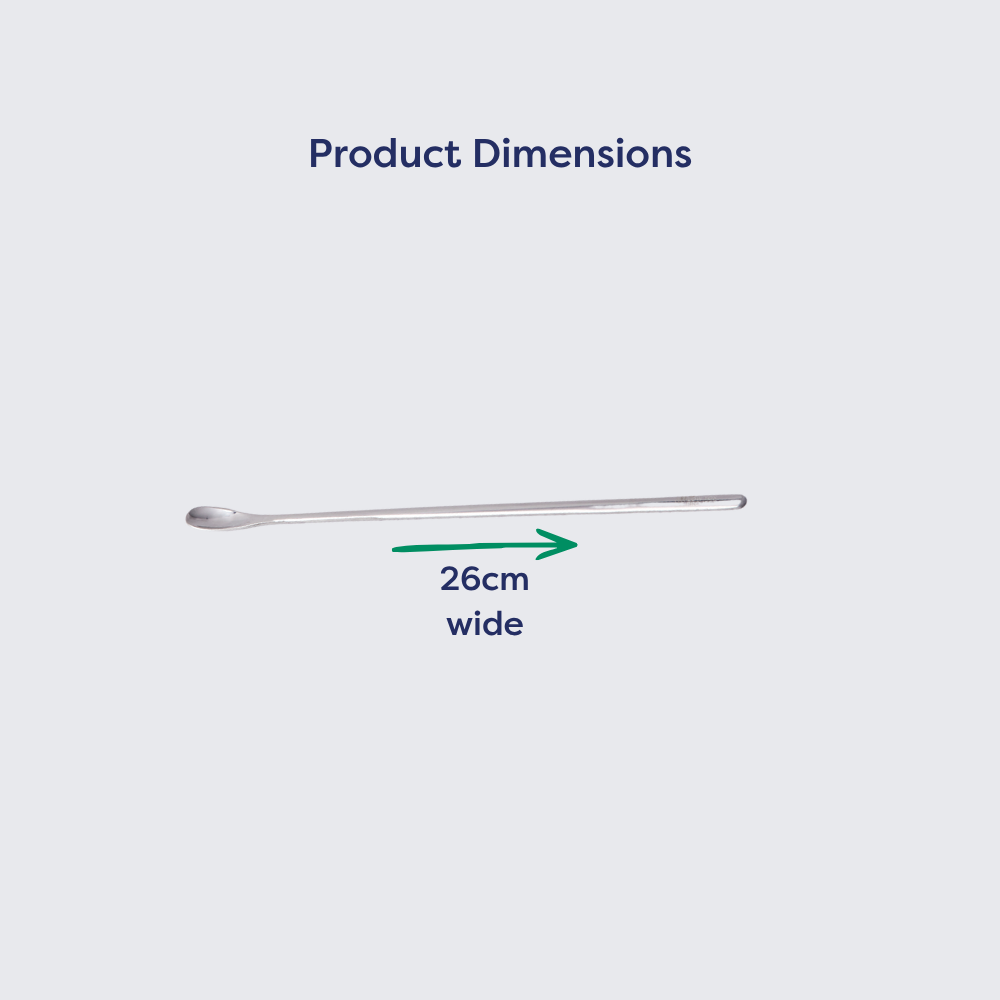 Stainless steel long handled stirring spoon, measuring 26 cm in length, displayed on a light background.
