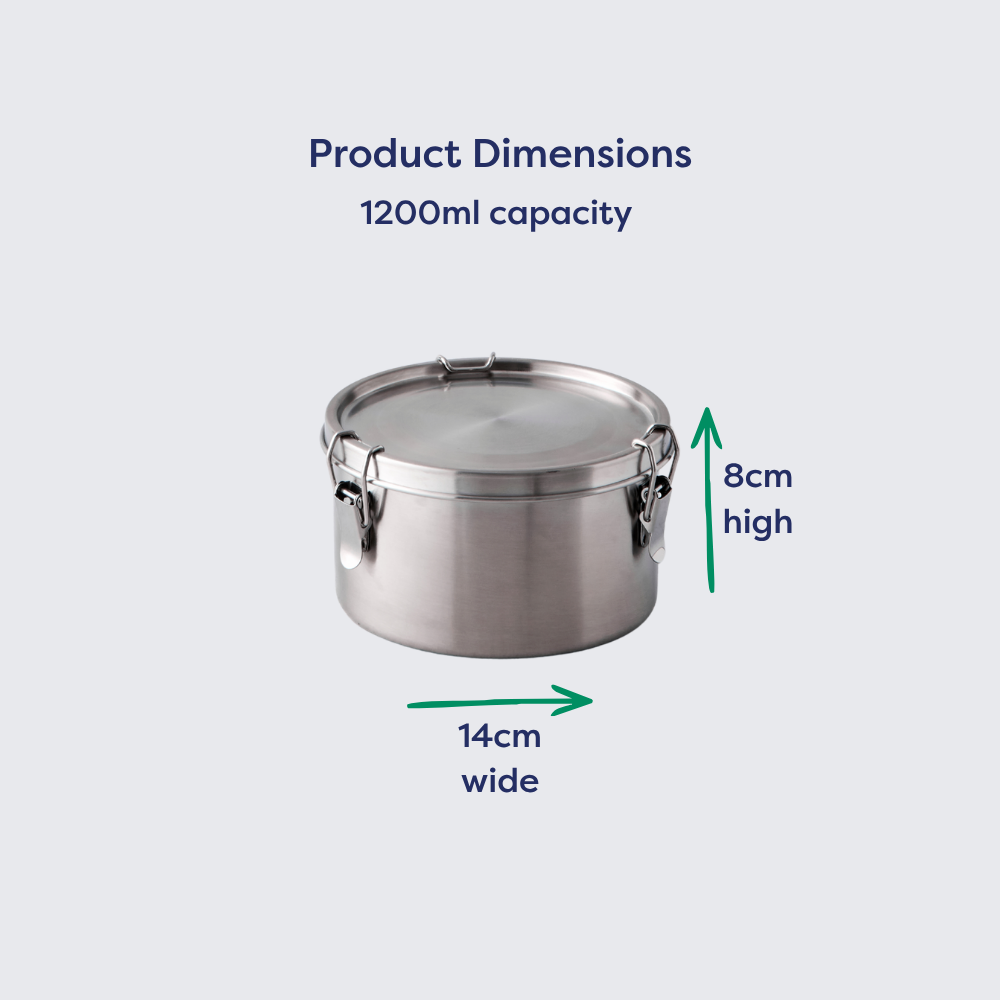 Stainless steel round lunch box with 1200ml capacity, measuring 14cm wide and 8cm high, shown with dimensions.