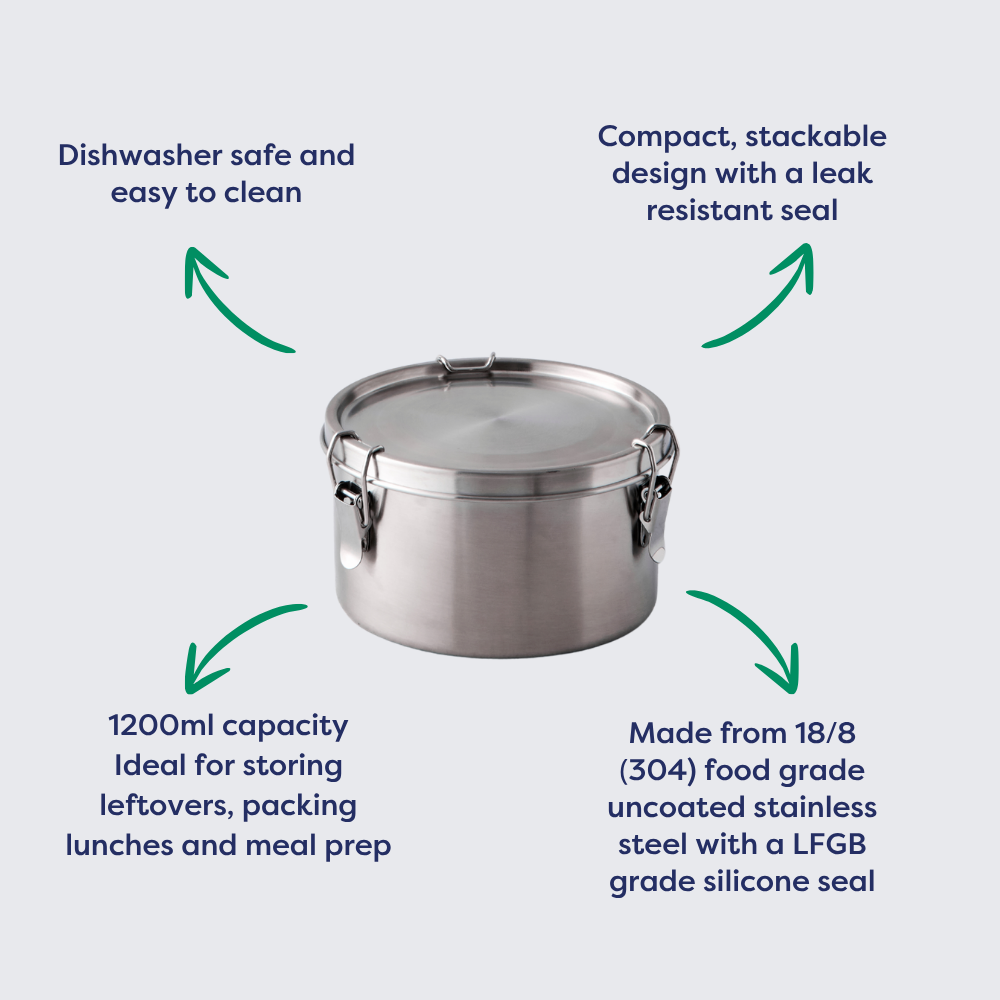 Round stainless steel lunch box with a 1200ml capacity, featuring a leak-resistant seal and stackable design.