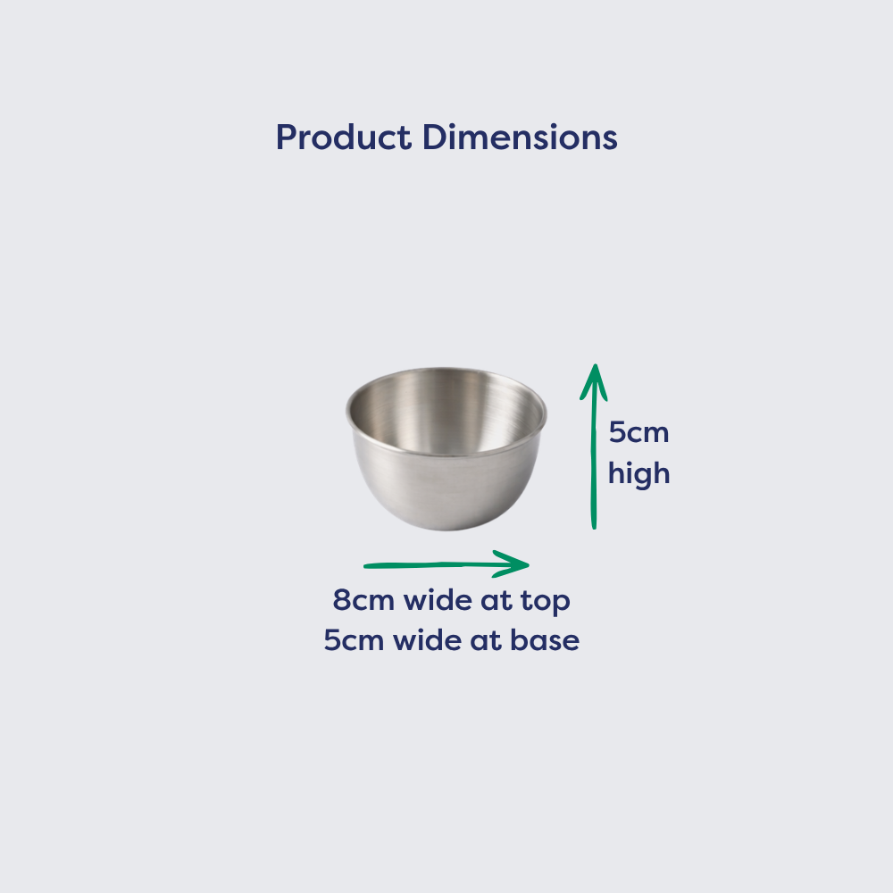 Stainless steel pudding cup mould, 5 cm high, 8 cm wide at top, 5 cm wide at base, with labeled dimensions.