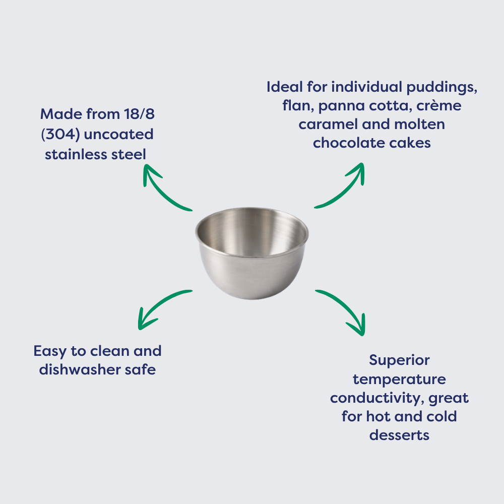 Stainless steel pudding cup mould with a smooth finish, suitable for various desserts, easy to clean and dishwasher safe.