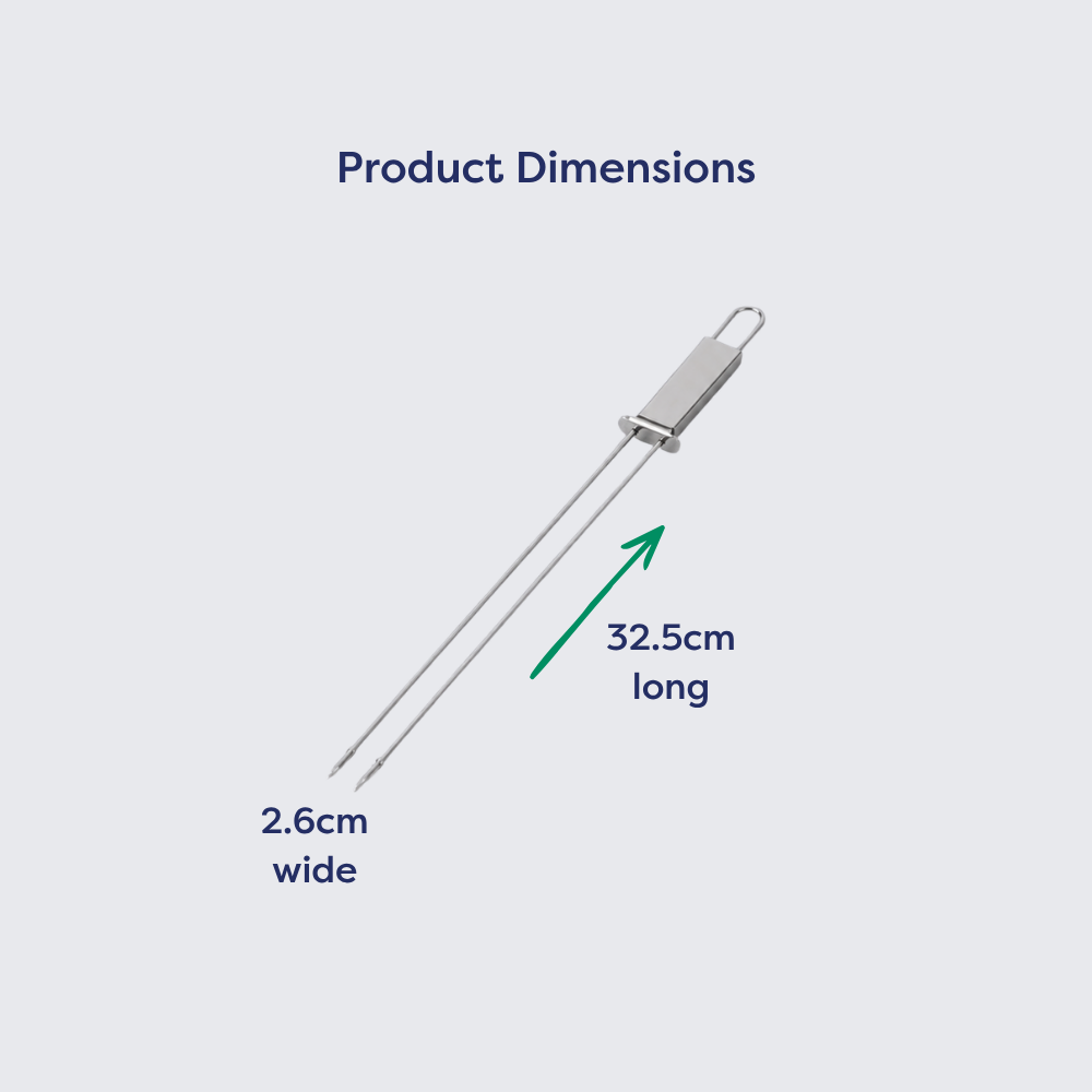 Stainless steel barbecue skewer measuring 32.5 cm long and 2.6 cm wide.