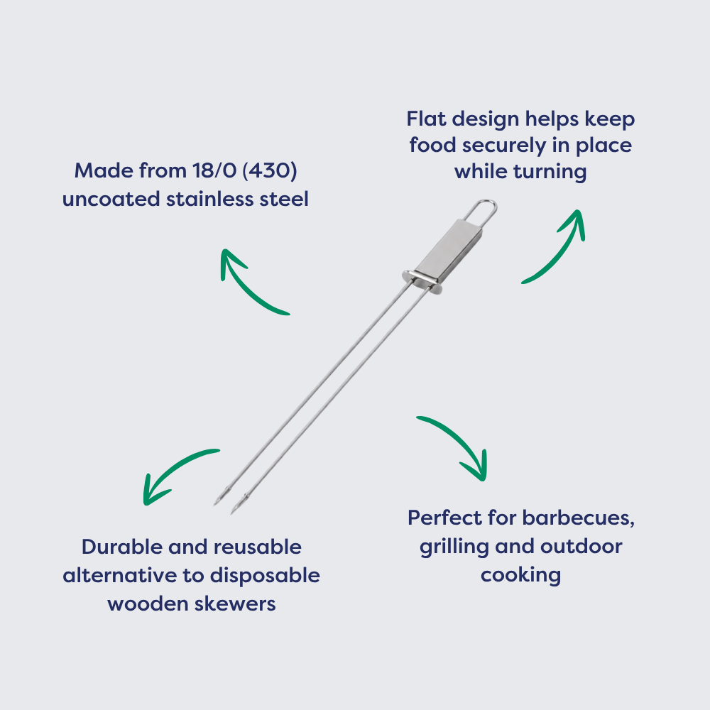 Reusable 18/0 (430) uncoated stainless steel barbecue skewer with a flat design to hold food securely while turning, ideal for grilling and outdoor cooking.