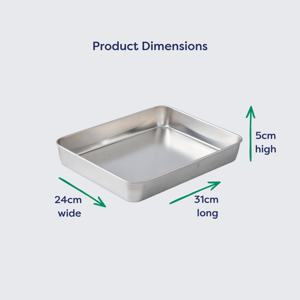 Stainless steel slice tray with labelled dimensions, showing tray length, width, and depth measurements.