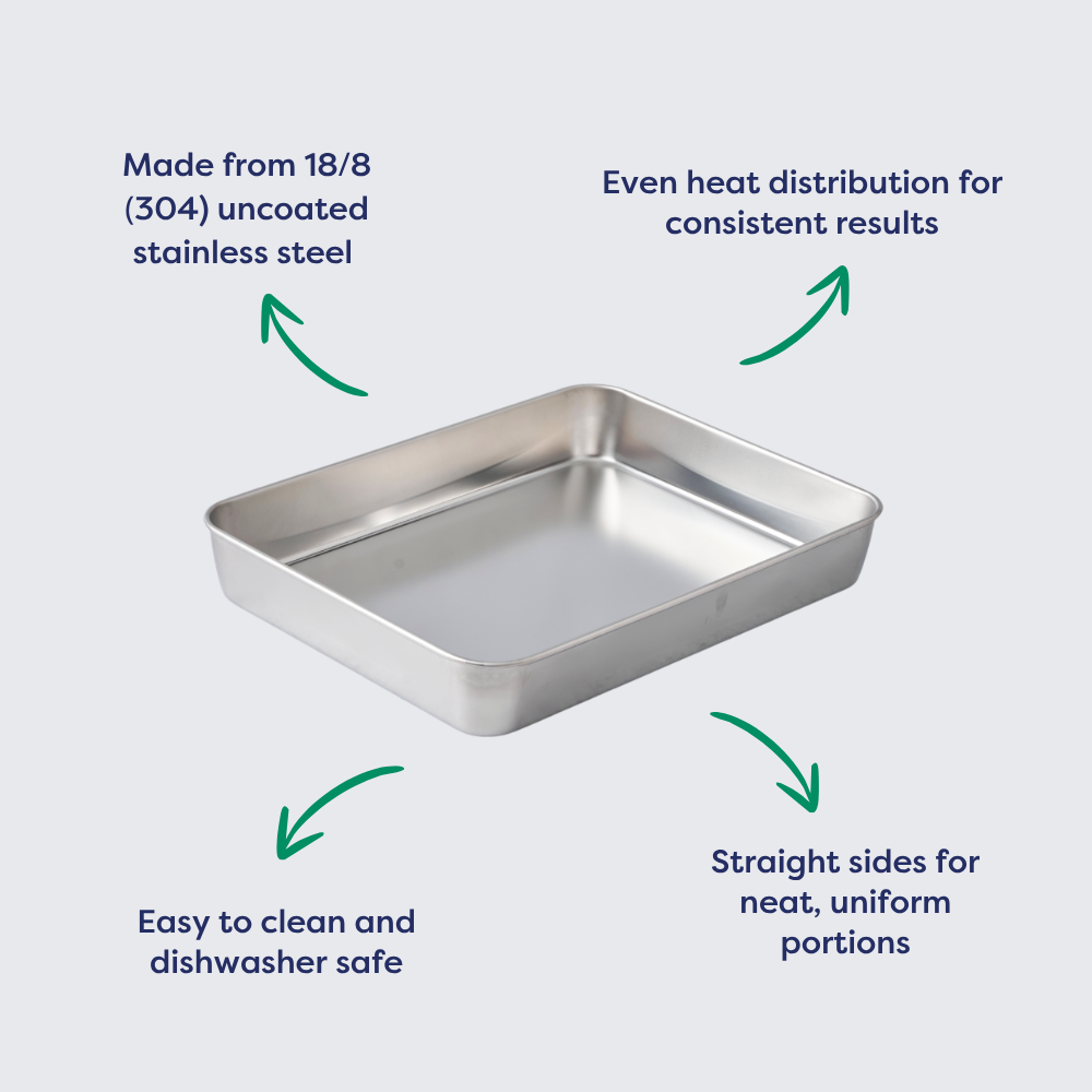 Stainless steel slice tray with polished finish on a neutral light background.
