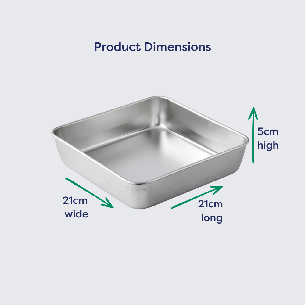 Stainless steel square cake tin measuring 21cm wide, 21cm long, and 5cm high with labeled dimensions.