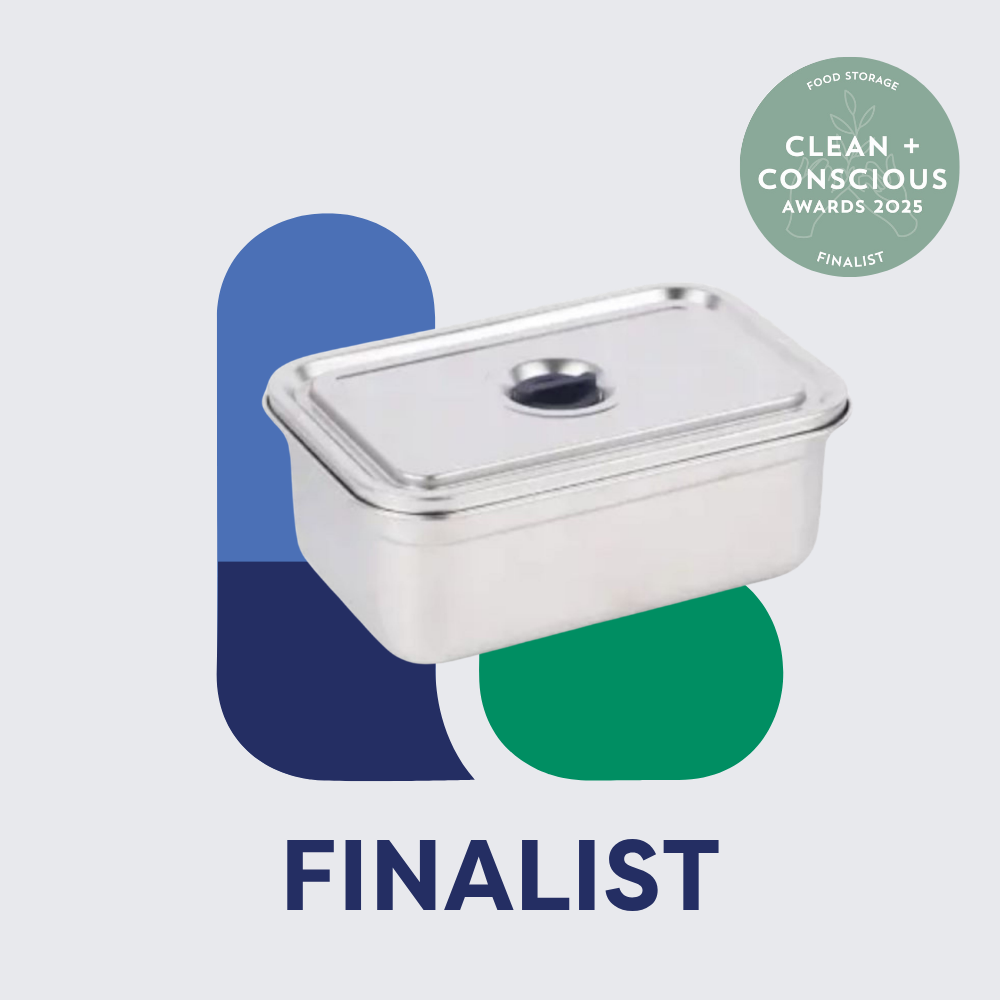 Stainless steel container with lid on a light blue background, featuring 'Clean + Conscious Awards 2023' and 'Finalist' text.