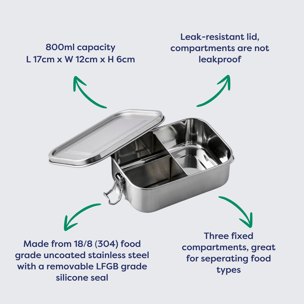 Stainless Steel Lunch Box 800ml Rectangle with 3 Compartments