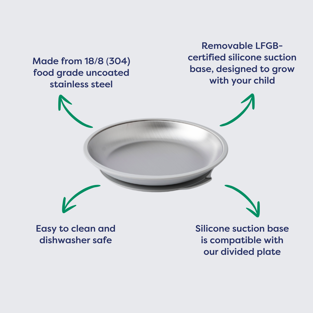 Stainless steel round plate with a removable silicone suction base, designed for easy cleaning and dishwasher safe.