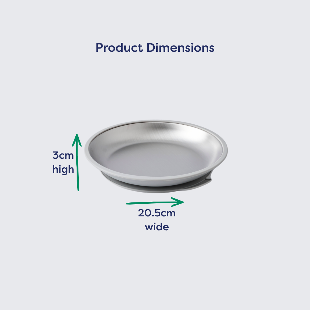 Stainless steel round plate with suction, 20.5 cm wide and 3 cm high, shown with dimension indicators.