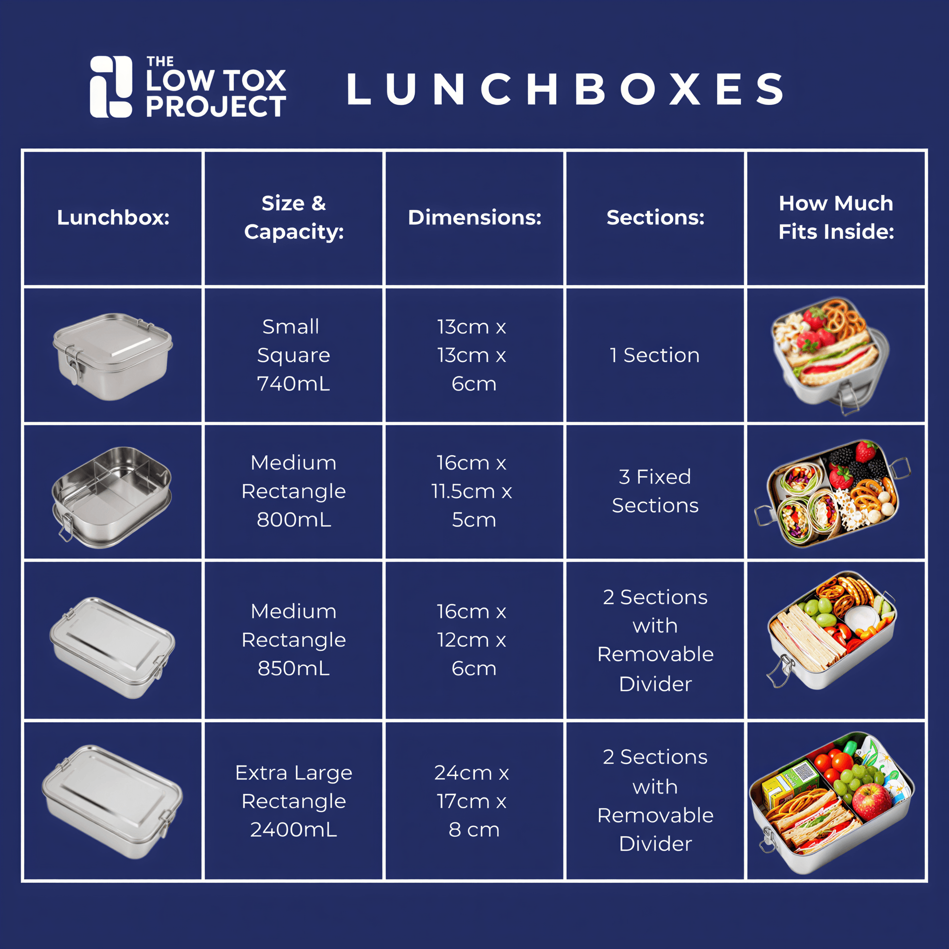 Medium stainless steel lunch box, 850ml capacity, rectangular shape with a removable divider for organized storage.